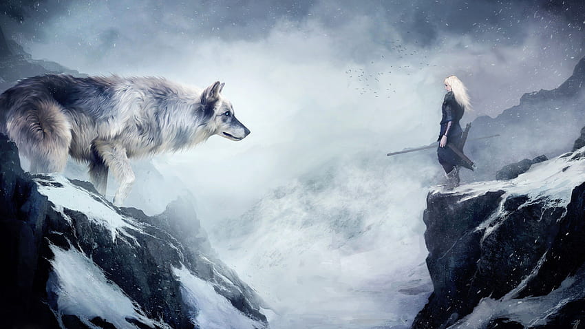 wolf, , , mountain, girl, animals, winter, drawing, snow, fantasy, art, OS HD wallpaper