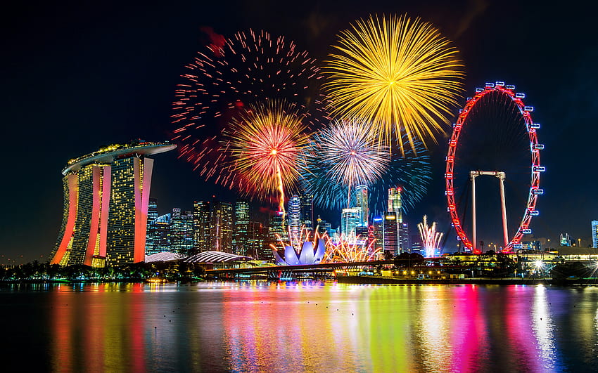 Фойерверки над Сингапур, Марина Сандс Бей, фойерверки, нощна графика, Сингапур HD тапет