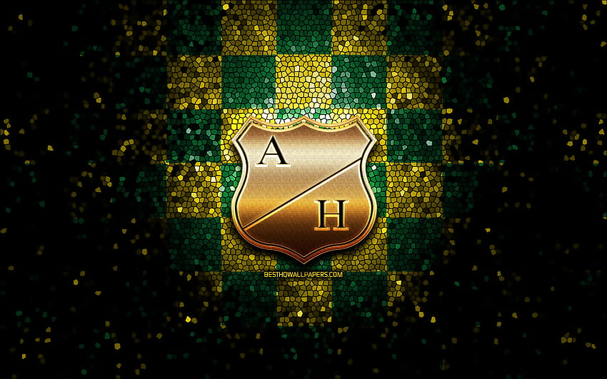 Atletico Huila FC, glitter logo, Categoria Primera A, yellow green checkered background, soccer, colombian football club, Atletico Huila logo, mosaic art, football, Atletico Huila, Colombian football league HD wallpaper