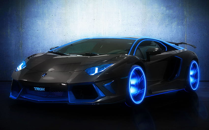 Автомобили Lamborghini: Lamborghini Aventador черен цвят син цвят, неоново синьо Lamborghini HD тапет