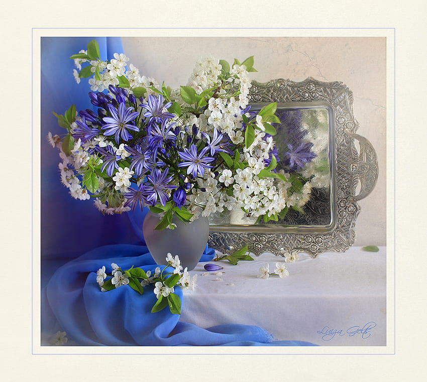 reflected beauty, blue, white, graphy, vase, beautiful, still life, flowers, flower bouquet, harmony HD wallpaper