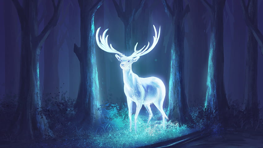Digital Deer Nature Trees Night Harry Potter Patronus Glowing Forest - Resolusi: Wallpaper HD