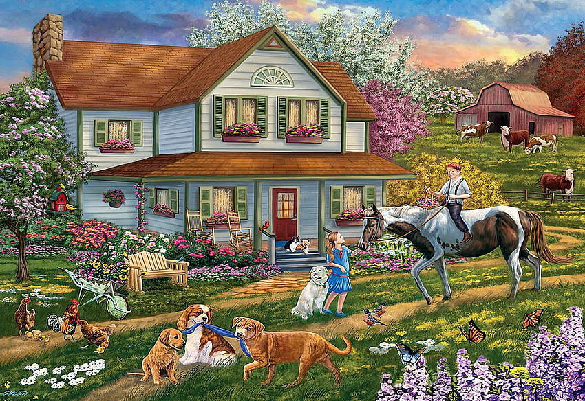 友達、子供、家禽、馬、犬、春、絵画、牛、開花、木、花、コテージ 高画質の壁紙