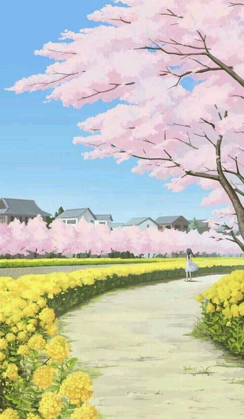 Painting Girl Pathway Houses Pink Blooming Trees Happy Spring Yellow Flowers Phone Wall In 2020. Beautiful Landscape Paintings, Scenery , Spring, Beautiful Anime Flower HD phone wallpaper