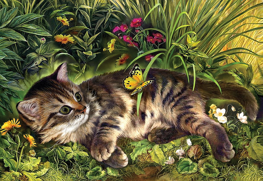 Garden Kitten Play, painting, plants, butterfly, blossoms, flowers, cat HD wallpaper