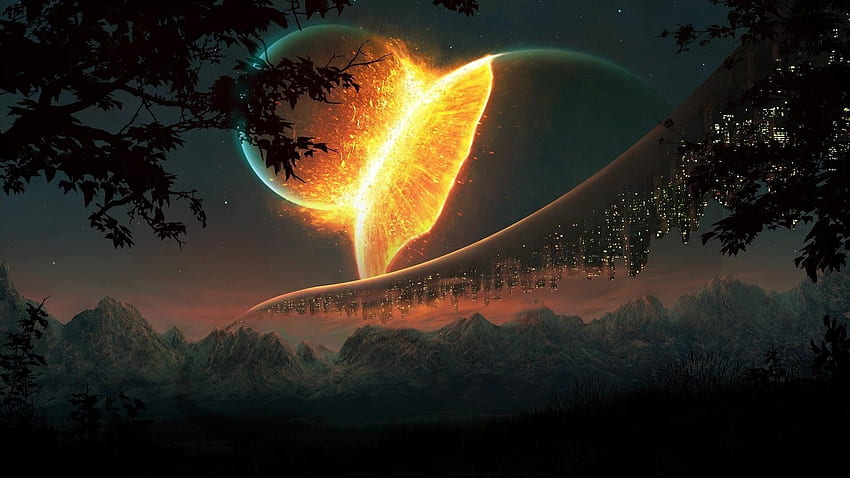 Two planets near trees digital , science fiction, planet, Planet Explosion HD wallpaper