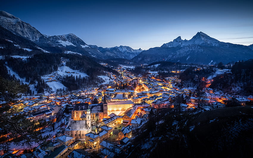 Berchtesgaden, Alpi, sera, tramonto, paesaggio di montagna, resort nelle Alpi, panorama di Berchtesgaden, paesaggio urbano di Berchtesgaden, Baviera, Germania Sfondo HD
