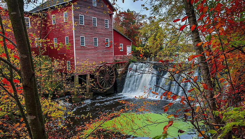 A mill in the fall, river, mill, fall, waterfall, autumn, beautiful, water, countryside HD wallpaper