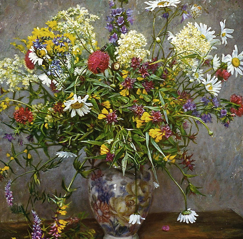 Malarstwo, olejny, wazon, kwiaty Tapeta HD