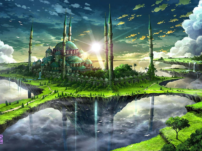 Anime-Landschaft, Sultanahmet-Moschee, Wasserfall, schwimmende Insel HD-Hintergrundbild