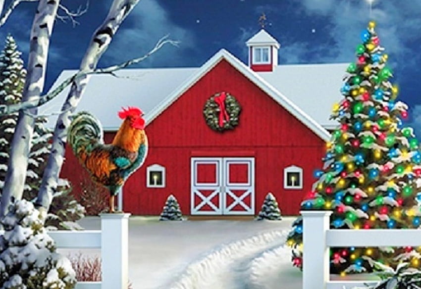 Felices fiestas, invierno, vacaciones, año nuevo, atracciones en sueños, amor cuatro estaciones, navidad, nieve, granjas, navidad y año nuevo, gallo, árbol de navidad fondo de pantalla