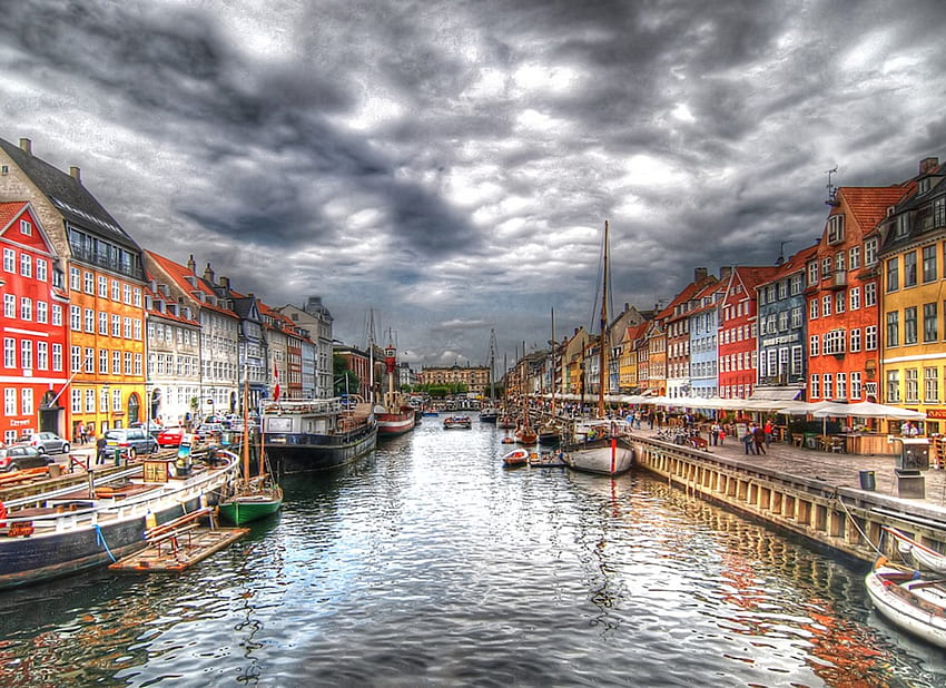 コペンハーゲン、川、都市、雲、空、水、デンマーク 高画質の壁紙