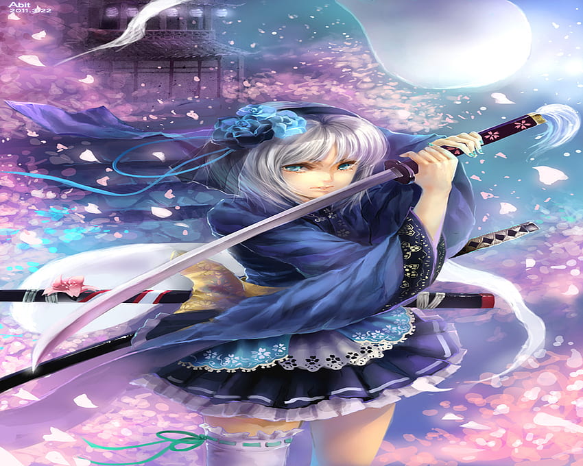 Wing of Light cherry blossom, sword, wing, moon, cherry blossom, touhou, konpaku youmu, female HD wallpaper