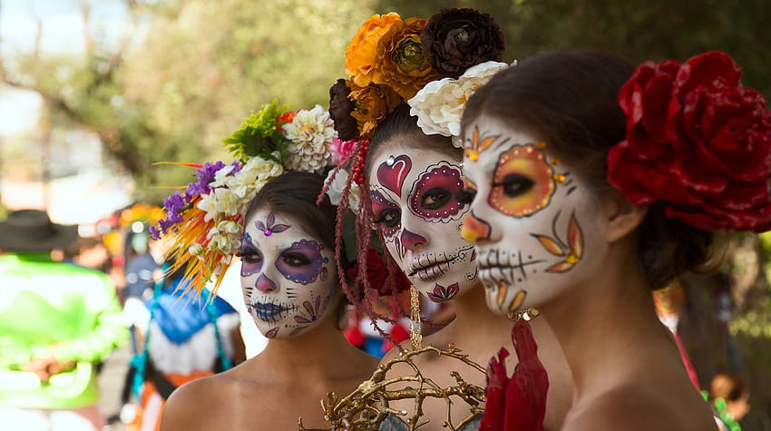 Dia de los muertos, colorful, model, girl, woman, halloween, flower, face, sugar skull, trio HD wallpaper
