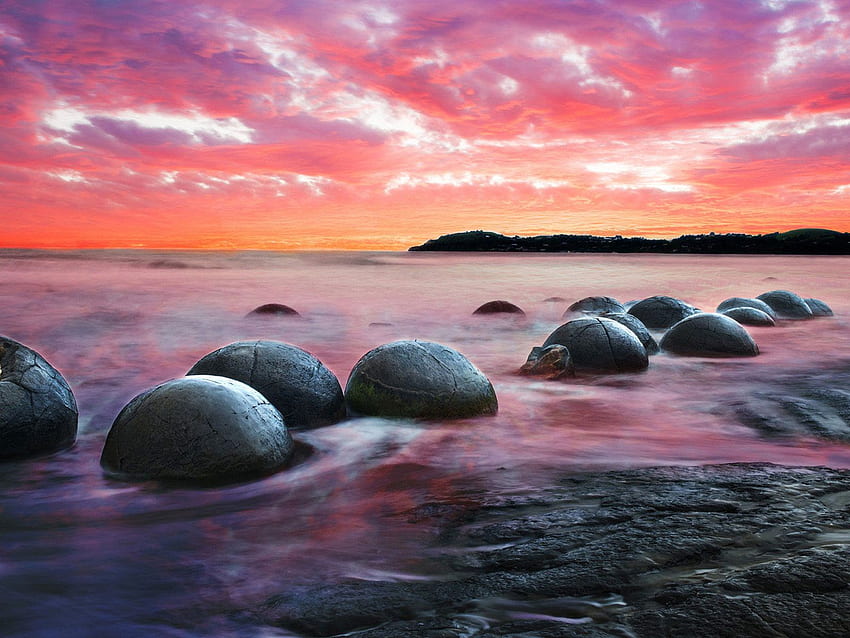 New Zealand Koekohe Beach Moeraki South Island Sunset Balls Of HD wallpaper