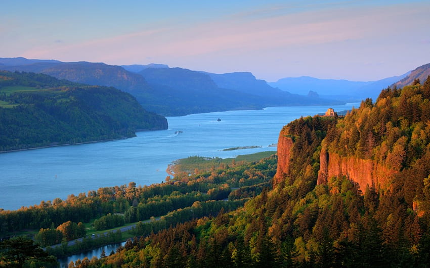 columbia river gorge, clouds, trees, river, water HD wallpaper