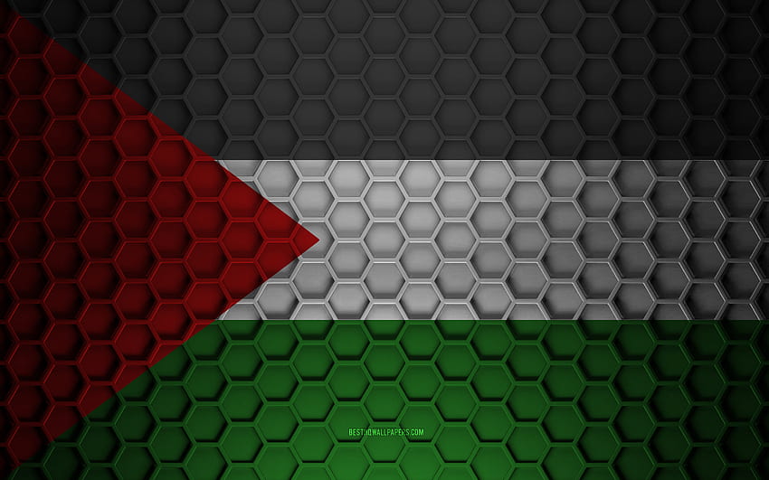 Bandera de Palestina, textura de hexágonos 3d, Palestina, textura 3d, bandera de Palestina 3d, textura de metal, bandera de Palestina fondo de pantalla