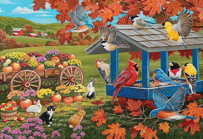 Fall Feeder And Harvest, autumn, trees, flowers, cart, birds, rabbits, cat, pumpkins, artwork, leaves, painting HD wallpaper