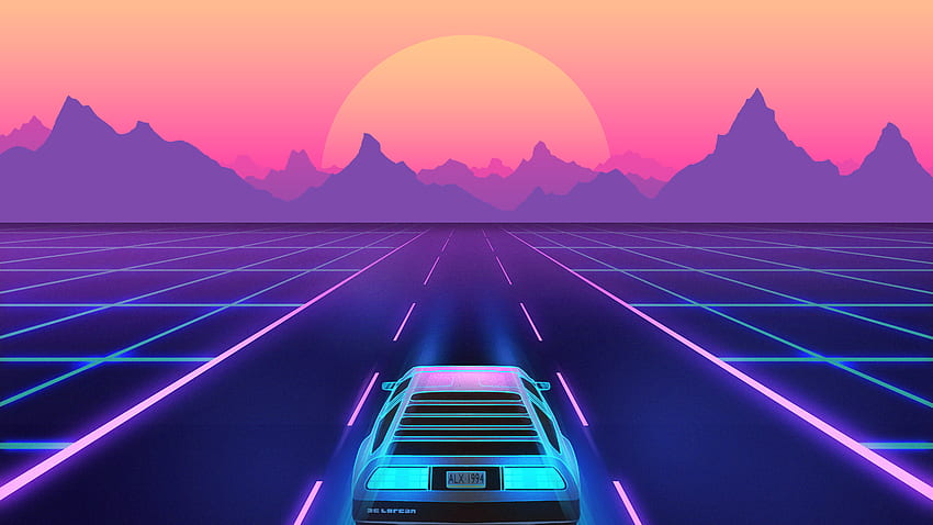 Retro Wave Neon DeLorean Car Sunset Artistic Synthwave Vaporwave HD тапет