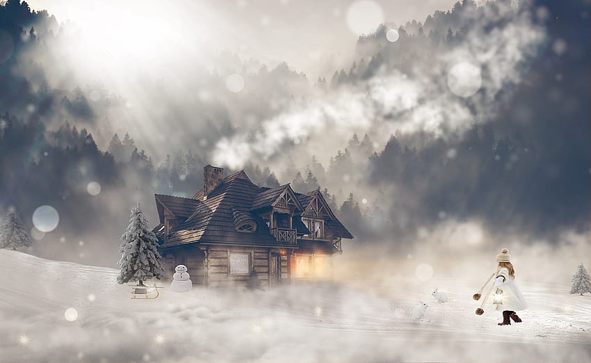 Winter Winterlicher Mädchen-weiblicher Schnee. Lager, 3K HD-Hintergrundbild