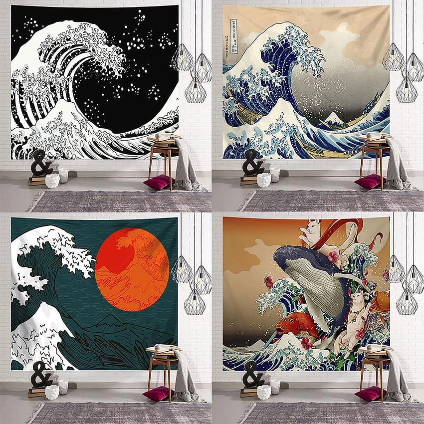 Japanische Welle Kanagawa Decke Tapisserie Wandbehang Böhmisches Bett Home Nature Trendy Room Decor Cartoon Myth Art. Wandteppich, japanische Naturkunst HD-Handy-Hintergrundbild