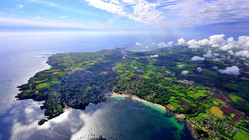 marvelous aerial view of rural coastal community, sea, aerial, coast, clouds, fields, view, village HD wallpaper