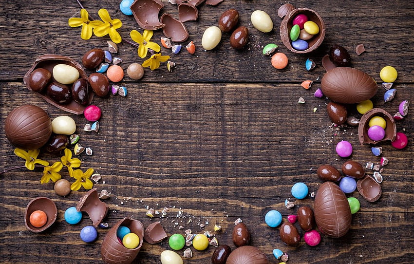 chocolate, eggs, colorful, candy, Easter, wood HD wallpaper
