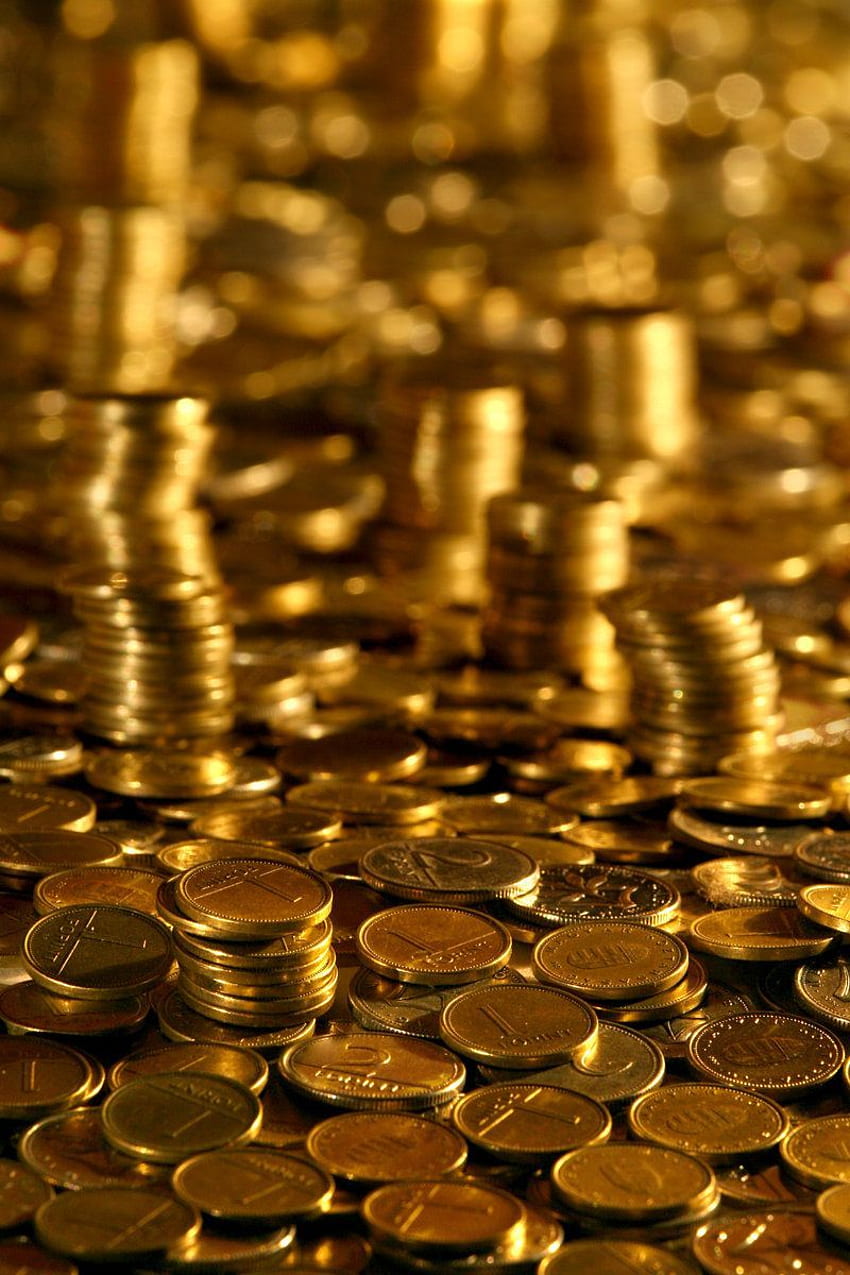 Torres de dinero. Moneda de oro, dinero de oro, moneda de oro, lingotes de oro fondo de pantalla del teléfono
