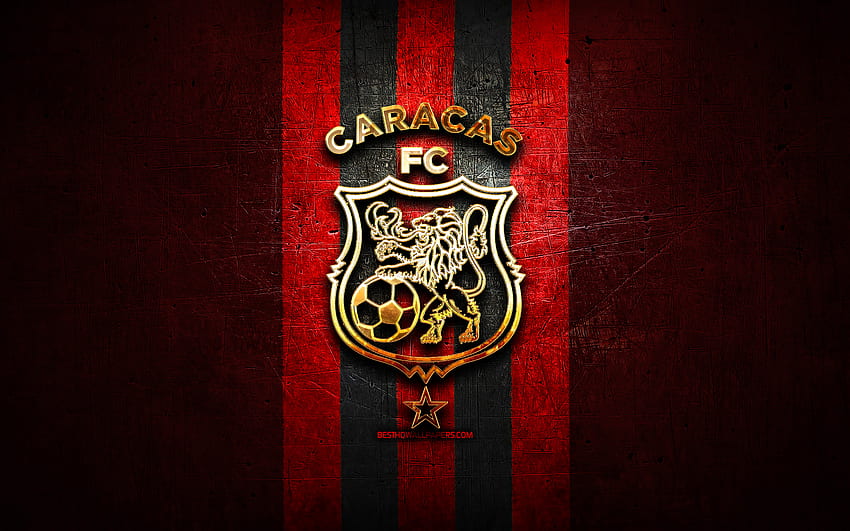 カラカス FC、ゴールデン ロゴ、ラ リーガ サッカー、赤い金属の背景、サッカー、ベネズエラ サッカー クラブ、カラカス FC ロゴ、サッカー、ベネズエラ プリメーラ ディビジョン、FC カラカス 高画質の壁紙