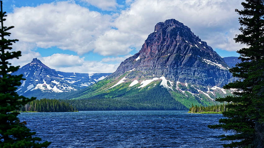 Sinopah Mountain in Glacier National Park, Montana, clouds, sky, lake, usa HD wallpaper