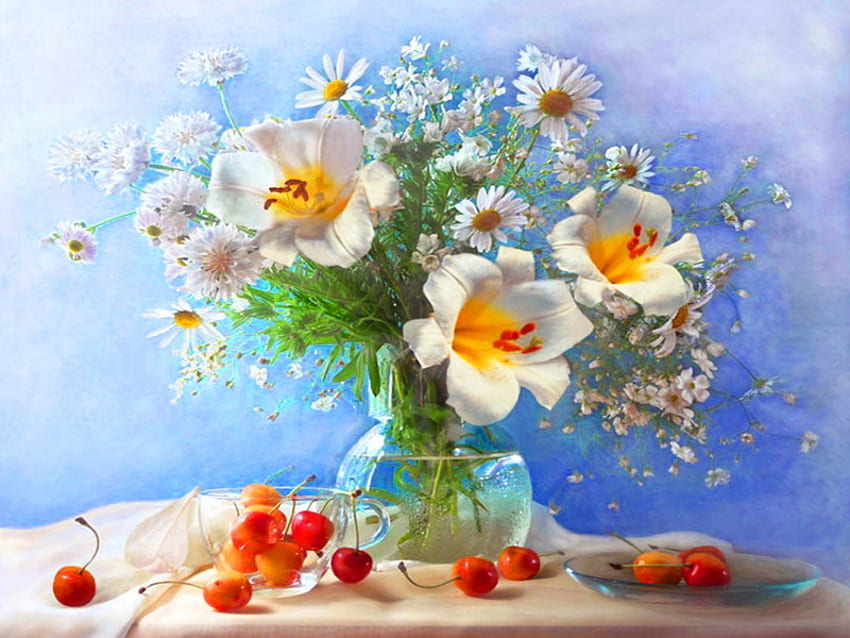 정물, 꽃병, 과일, 좋은, 섬세한, 예쁜, 꽃, 사랑스러운, 조화 HD 월페이퍼