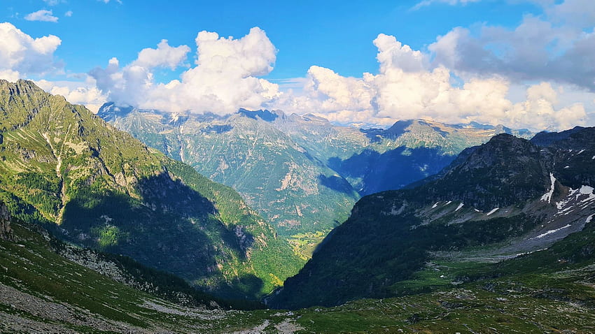 Verzasca Valley, Ticino, Switzerland, peaks, landscape, clouds, sky, alps HD wallpaper