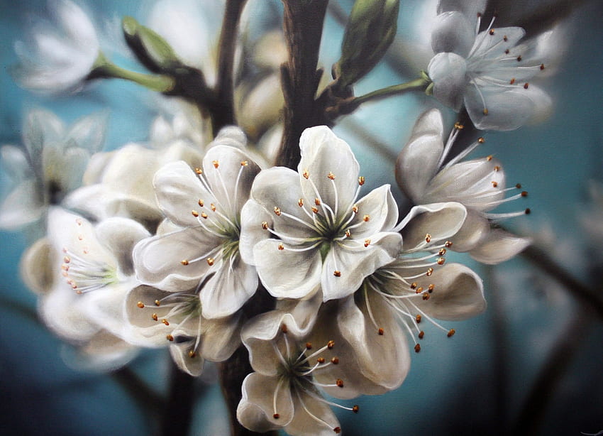 Spring blossom, white, art, flowers, spring, blossom HD wallpaper