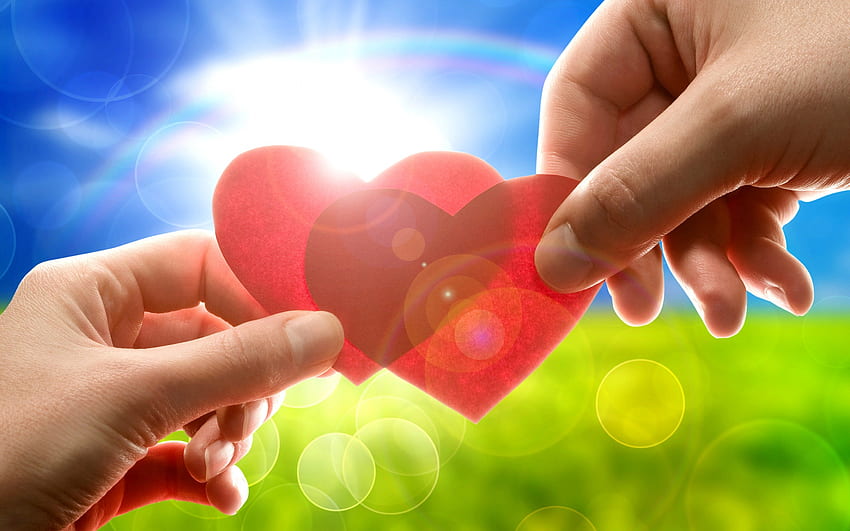 Heart 2 Heart, sunshine, , , hands, meadow, SkyPhoenixX1, abstract, rainbow, hearts, sky, heart, sun HD wallpaper