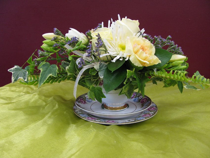 Vintage Tea Cup Arrangement, still life, flowers, tea cup, arrangement, vintage HD wallpaper