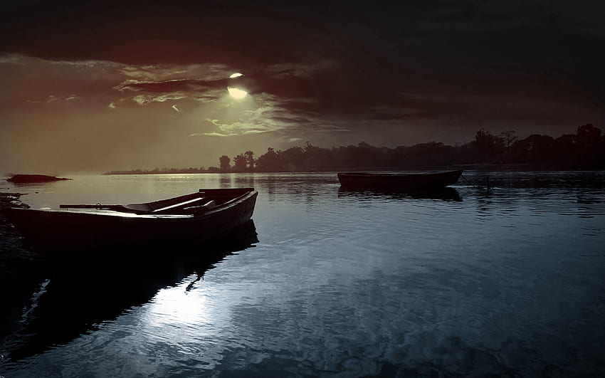 Nature, Night, Clouds, Moon, Boats, Lake, Shine, Light HD wallpaper