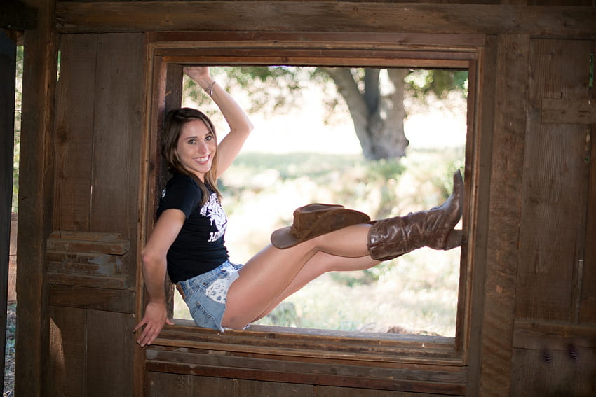 Cowgirl in a Barn Window, cowgirl, model, window, boots, hat, shorts HD ...