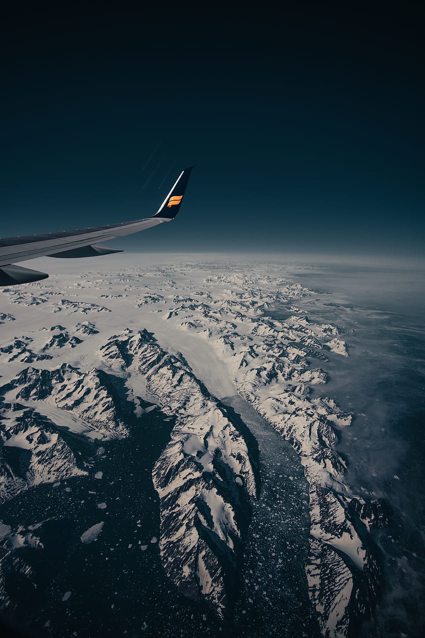 Naturaleza, montañas, vista desde arriba, vuelo, cubierto de nieve, Snowbound, ala de avión, ala del avión fondo de pantalla del teléfono