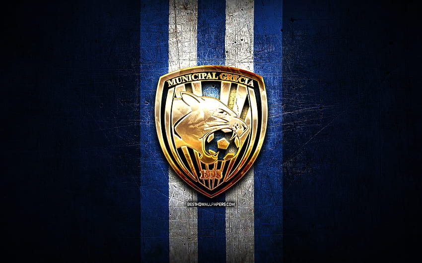 Municipal Grecia FC, golden logo, Liga FPD, blue metal background, football, Costa Rican football club, Municipal Grecia logo, soccer, Costa Rica Primera Division, Municipal Grecia HD wallpaper