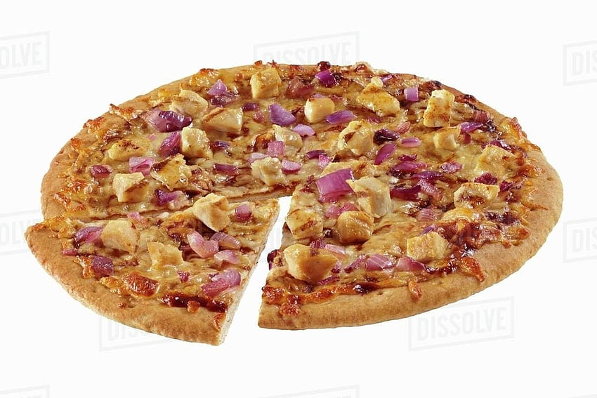 Grilled Chicken and Red Onion Pizza; Sliced Once on a White Background - Stock HD wallpaper