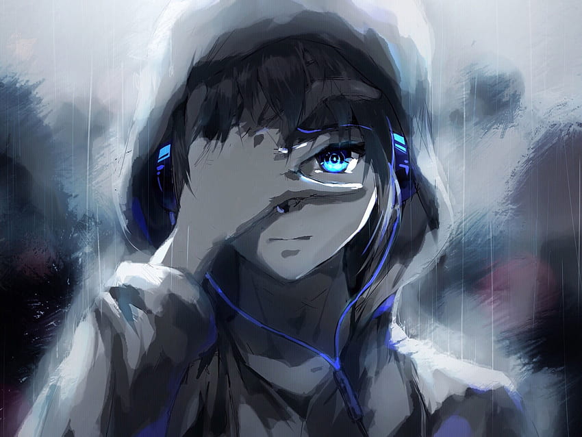 Anime boy, sweat à capuche, yeux bleus, écouteurs, peinture • For You For & Mobile, Adorable Anime Boy Fond d'écran HD