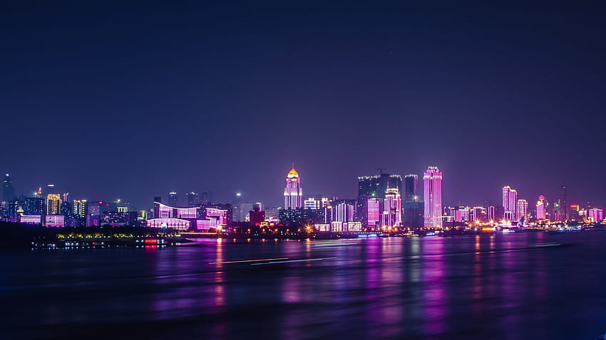 Wuhan, fiume Yangtze, città, grattacieli, luci Sfondo HD