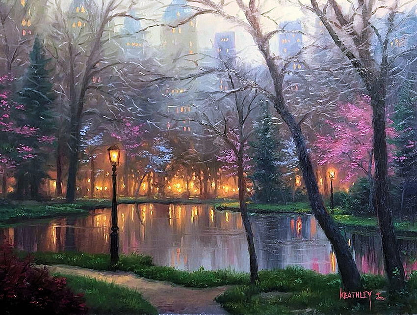 Evening in the Park, artwork, painting, lights, trees, pond HD wallpaper