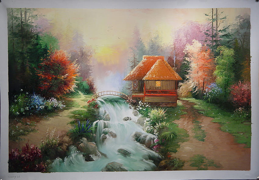 Paradies im Wald, Hütten, Weg, blühende Bäume, Farbfälle, Bach HD-Hintergrundbild