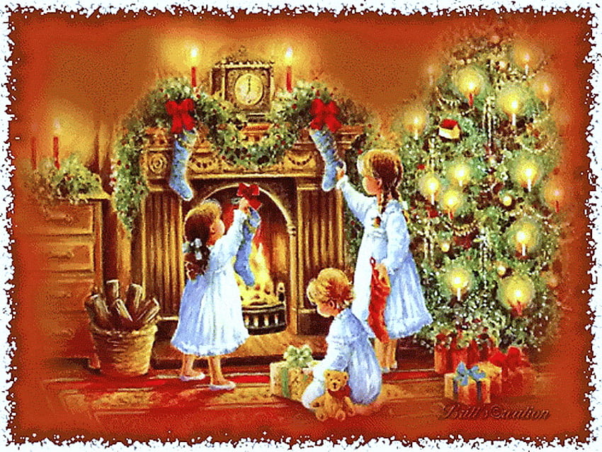 Christmas children, presents, decorations, fireplace, stockings, tree HD wallpaper