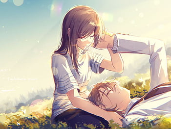 Download Cuddling Anime Couple Love Art Wallpaper | Wallpapers.com