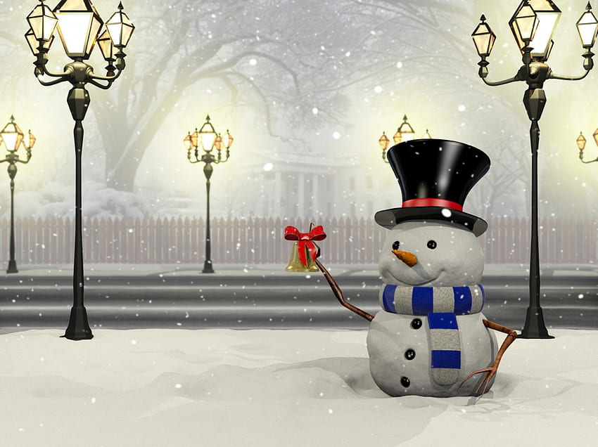Snowman, winter, merry christmas, lanterns, snow, christmas, magic christmas, xmas HD wallpaper