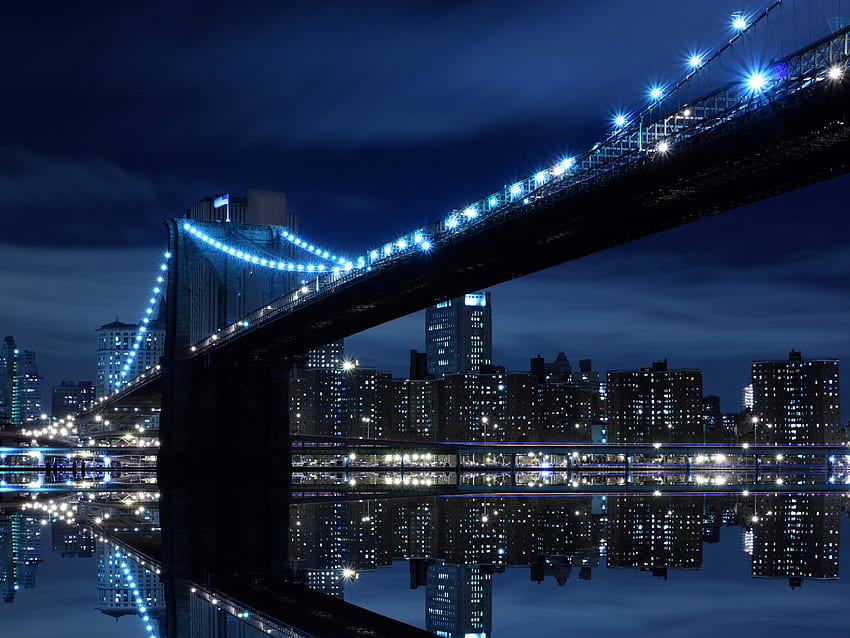 Blue night, night, river, city, lights, landscape, bridges HD wallpaper
