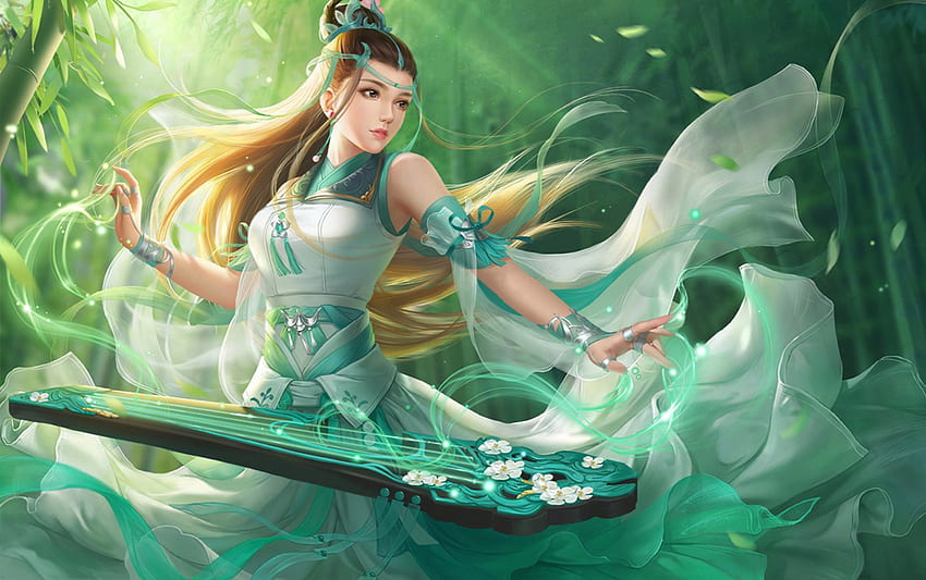 Fantasy girl, white, frumusete, asian, girl, instrument, fantasy, green, game, luminos HD wallpaper