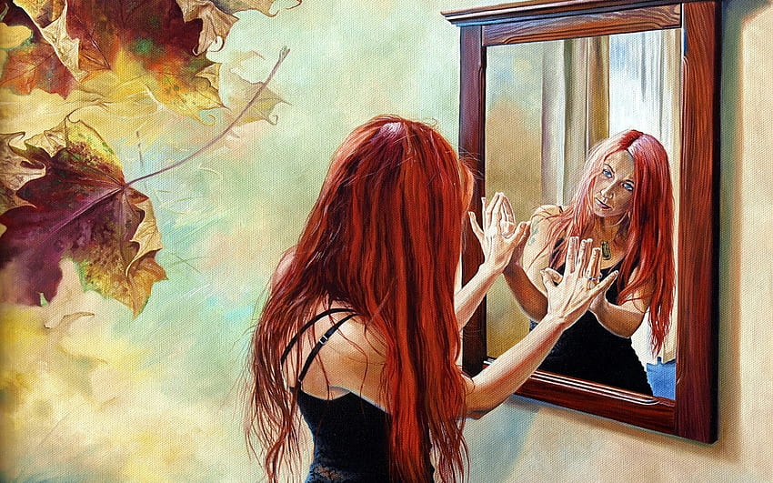 abstract, Paintings, Art, Artistic, Oil, Mood, Emotion, Expression, Redhead, Mirror, Reflection, Glass, Leaves, Autumn, Fall, Women, Females, Girls, Situation, Mental, Angry, Sad, Sorrow / and Mobile Background, Emotional Art HD wallpaper